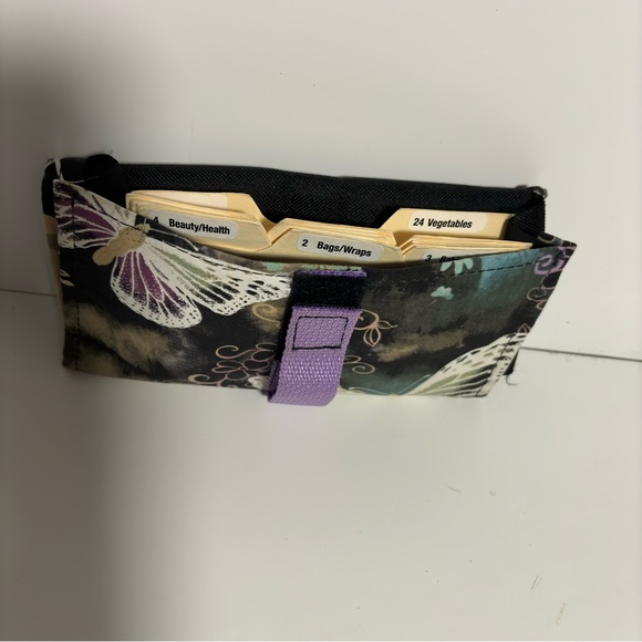 Coupon organizer holder fabric print purple green floral hook & loop closure. - Picture 10 of 12